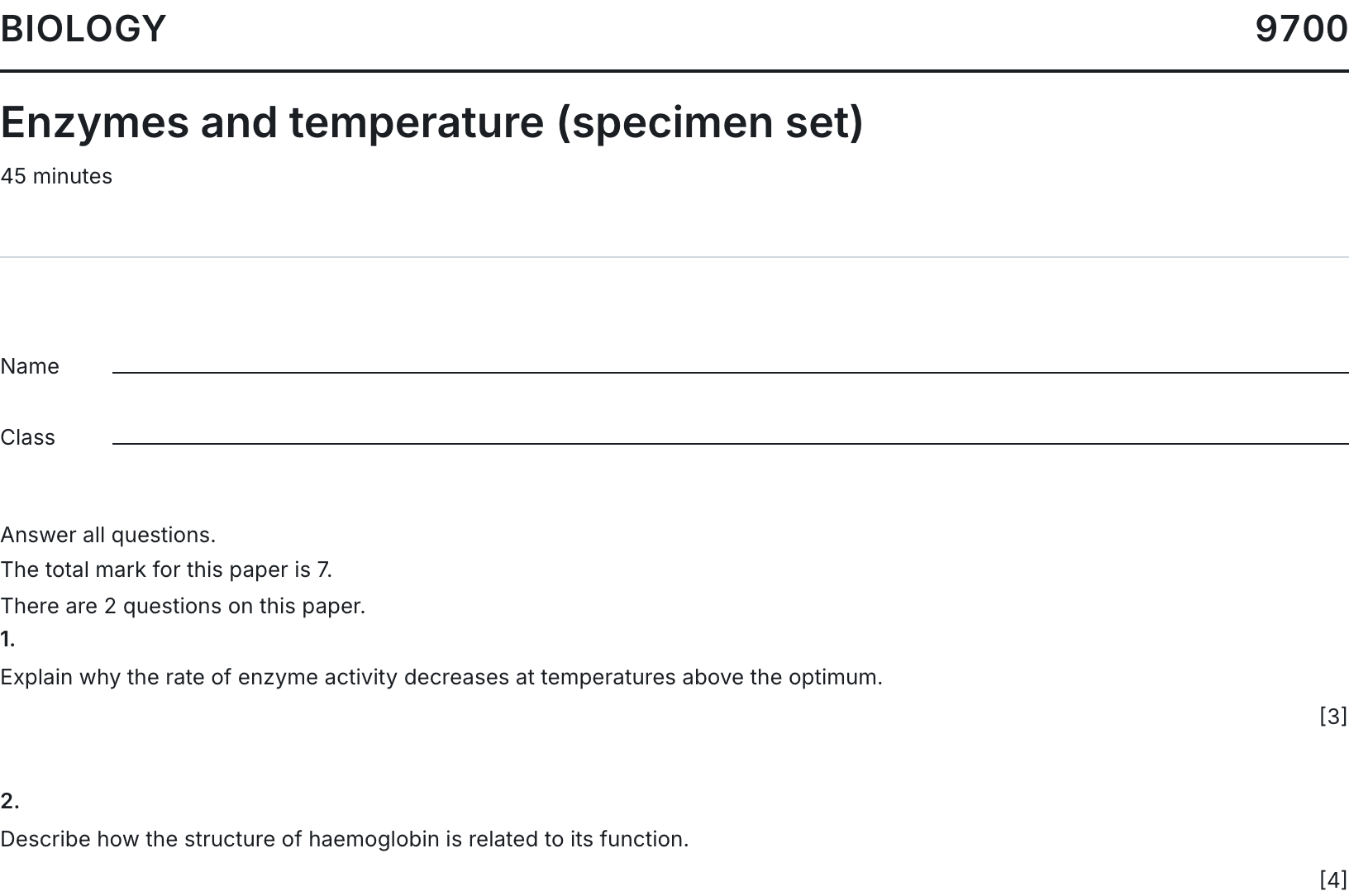 A print-preview paper with two authored demonstration questions, answer space and mark totals. The questions and citations are written for this demonstration, not taken from a Cambridge paper.